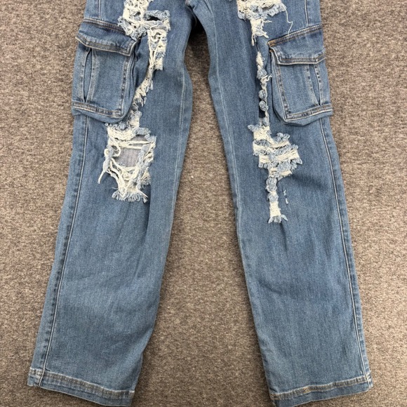 Aphrodite Distressed Cargo Jeans Womens 25 Medium Wash Shredded Straight Leg - Picture 4 of 8